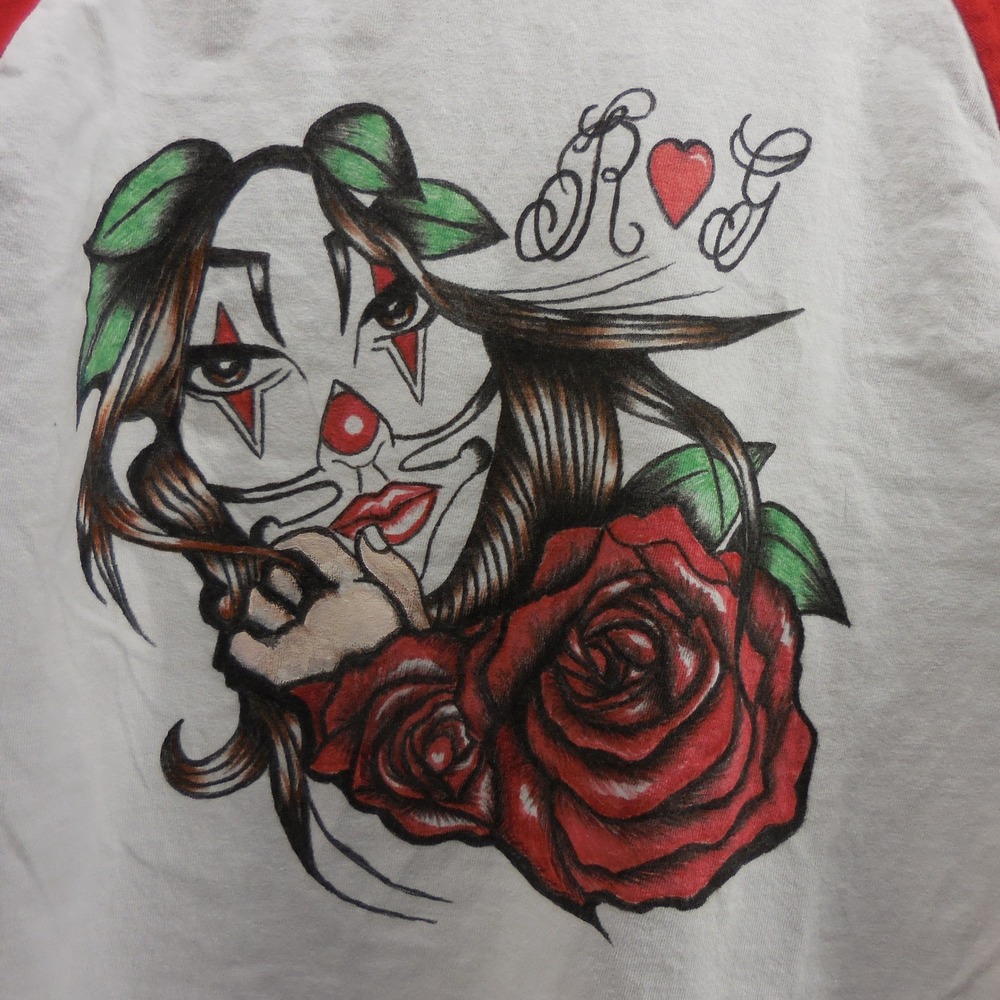 Gildan Cotton Chicana Clown Girl Red Raglan Baseball Tee XL Rose Tattoo Art